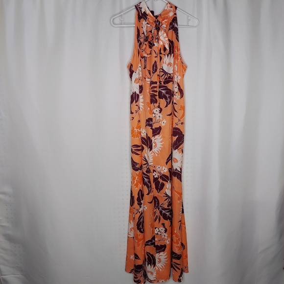Ann Taylor Factory Maxi Dress M Sleeveless Bow Tie High Neck Peach Orange Purple - Picture 5 of 11